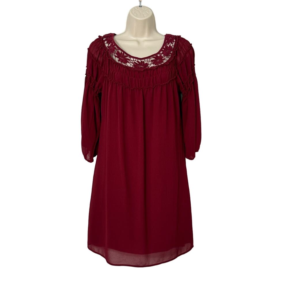 Halo Tunic Dress with Crochet Neckline in Burgundy Size‎ S